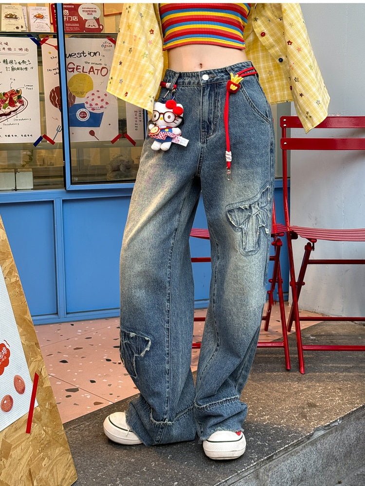 未加工ワイドレッグジーンズ ウエストリボンアップリケ ブルー ローヘム ヴィンテージ