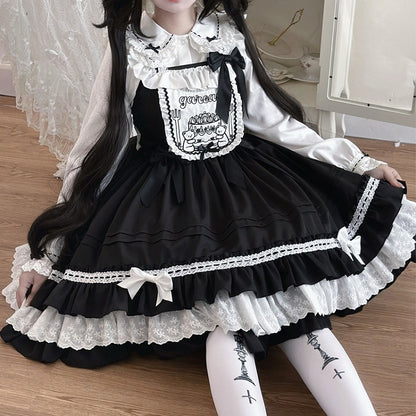 Süßes schwarzes Lolita-Kleid mit Teddy-Stickerei-Mieder