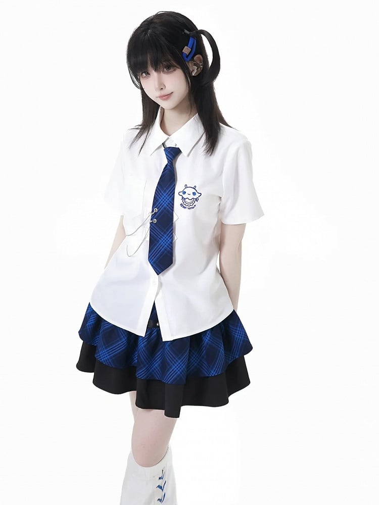 Tiered Skirt Stud Details Black and Blue Plaid Star