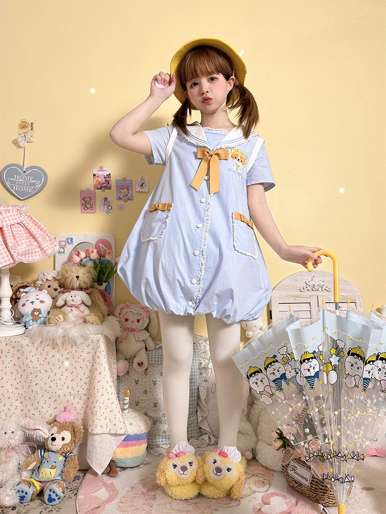 Light Blue Sailor Collar Corgi Bubble Skirt Dress
