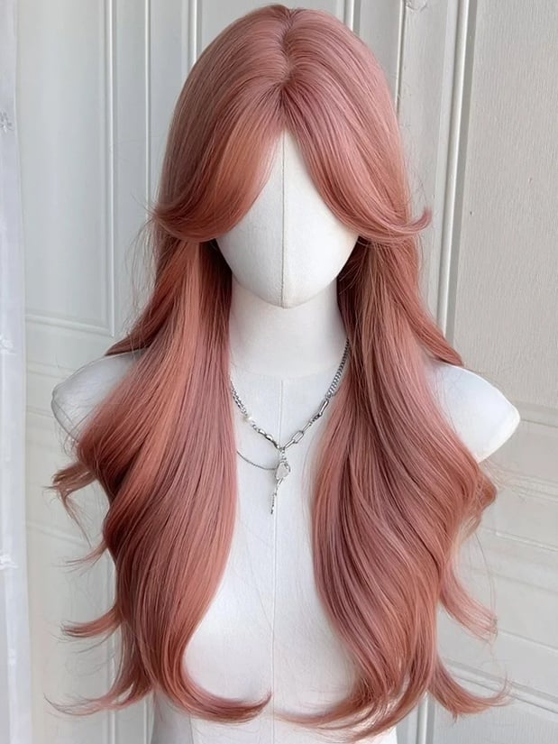 Rosa, hüftlange, gewellte Kunsthaarperücke mit Vorhangpony