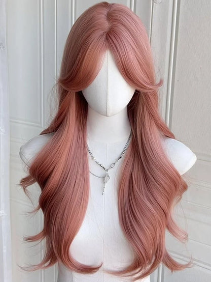 Rosa, hüftlange, gewellte Kunsthaarperücke mit Vorhangpony
