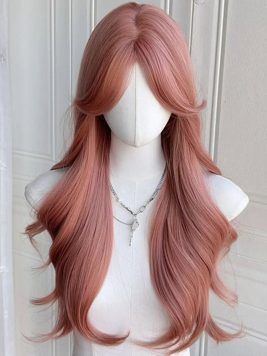 Rosa, hüftlange, gewellte Kunsthaarperücke mit Vorhangpony