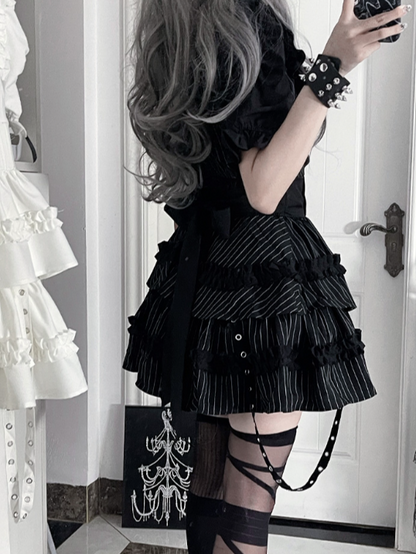 Stripes Dress with Puff Black Sleeve White Patch Gothic Studded Heart Short