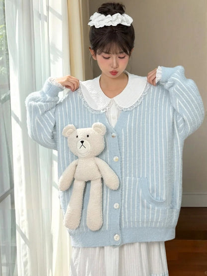 Cute Little Bear Plushie Adorned  Blue Striped Loose Cardigan