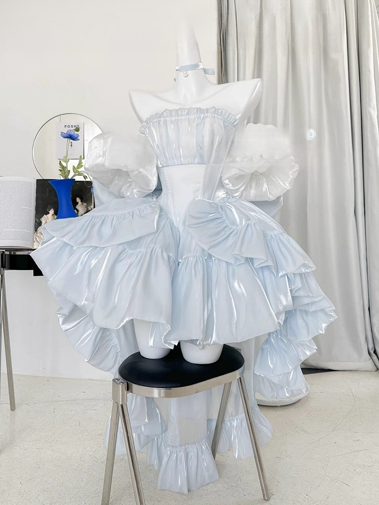 Balletcore Strapless Princess Puff Dress Sleeves Blue