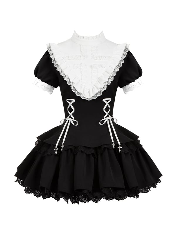 ショートフリルブラックスリーブホワイトネックラインゴシッククロスレースアップチャームドレスロリータ