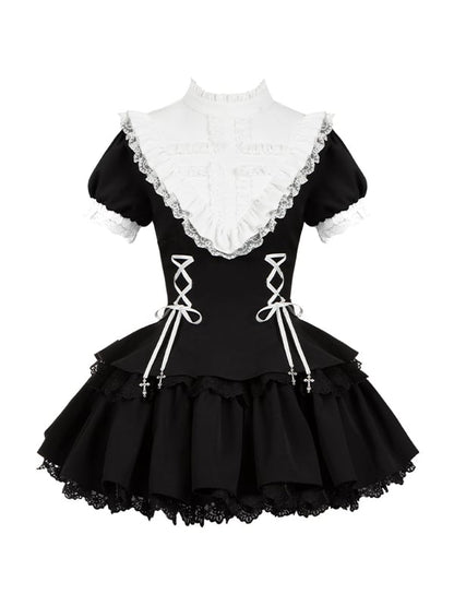 ショートフリルブラックスリーブホワイトネックラインゴシッククロスレースアップチャームドレスロリータ