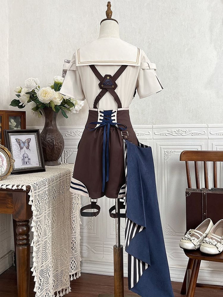 Overall Steampunk + - Blaues Outfit Gestreiftes Hemd Kragen Schleppe Ouji Lolita Shorts Brauner Matrose