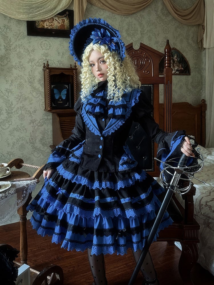 Waistcoat Skirt Gothic and Shirt + Sleeves Lolita High Waist Blue Black Bell - Set Klein