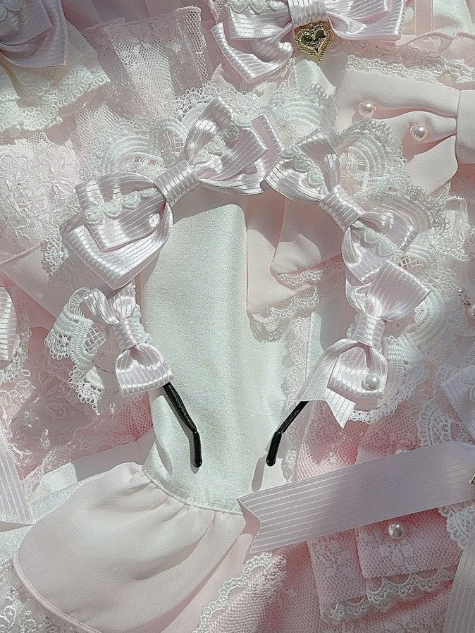 Details Pattern KC Heart Pink Lace Striped Trim Bowknot Decorated