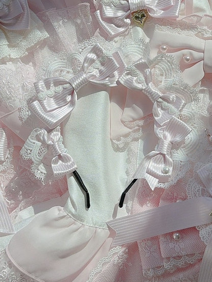 詳細パターンKCハートピンクレースストライプトリム蝶結び装飾