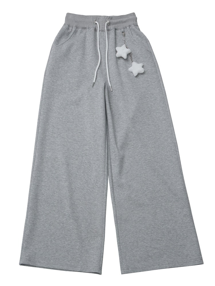 Waist Drawstring Version Straight-Leg Accent Lining with Star Pants Black/Gray CharmWing Regular/Fleece