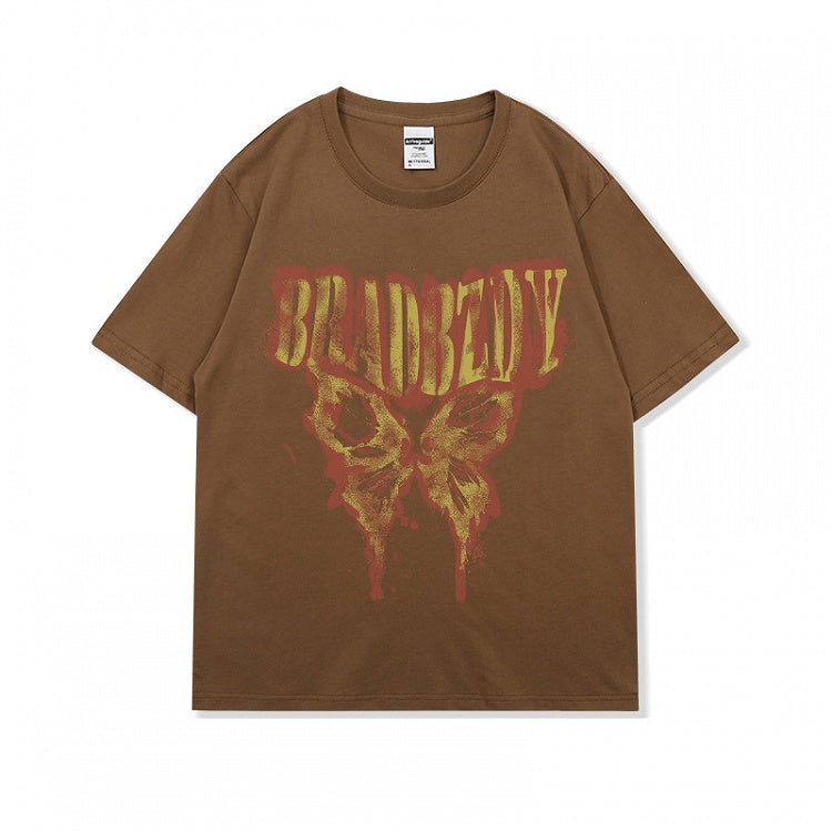 ダークグレー/ブラウン/ブラック/ホワイト バタフライプリント ヴィンテージ ルーズTシャツ