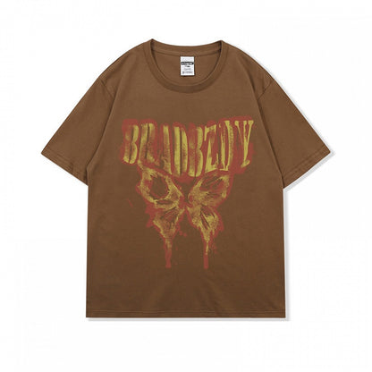 ダークグレー/ブラウン/ブラック/ホワイト バタフライプリント ヴィンテージ ルーズTシャツ