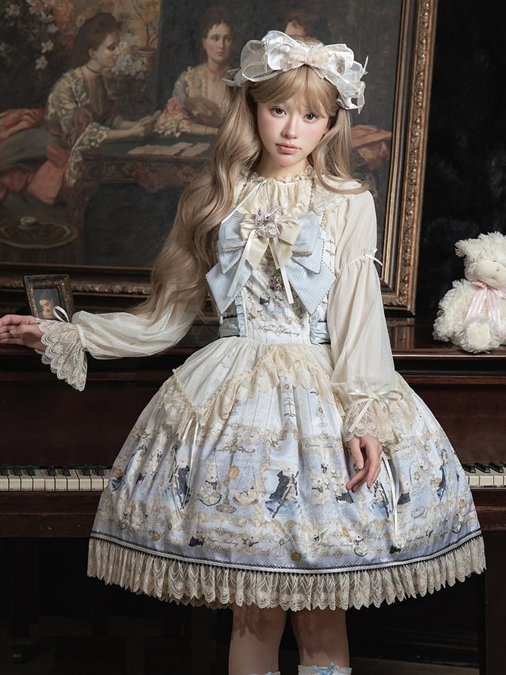 Azure Rabbit-Print Bow JSK with Lace Blouse - Stars Fall on the Foggy Island