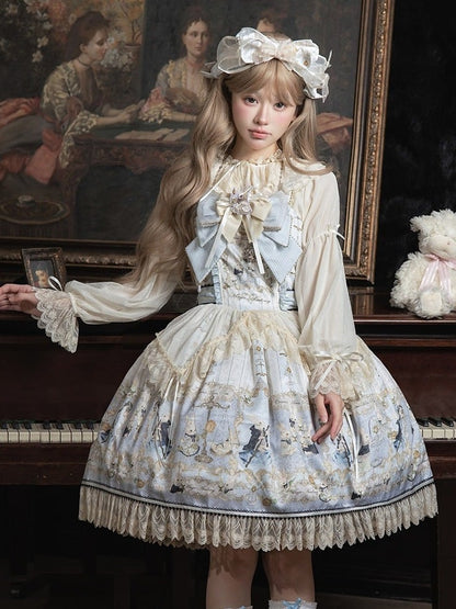 Azure Rabbit-Print Bow JSK with Lace Blouse - Stars Fall on the Foggy Island