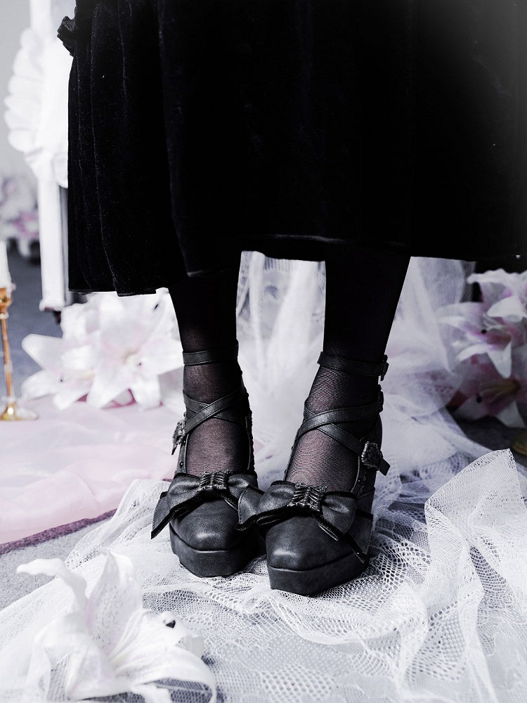 Matte Black Gothic Lolita 10cm Slope Heel Shoes with Butterfly Bow Accent - sphenoid