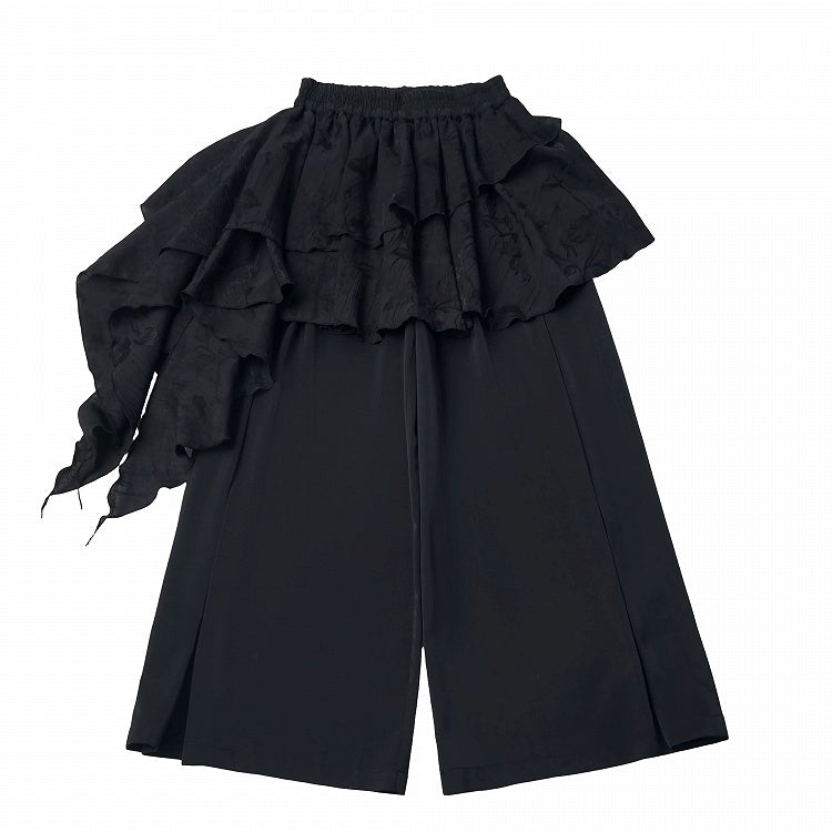 Black Cropped Wide Leg Pants with Ruffle Overlay - PINK SAVIOR