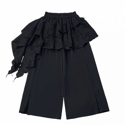 Black Cropped Wide Leg Pants with Ruffle Overlay - PINK SAVIOR