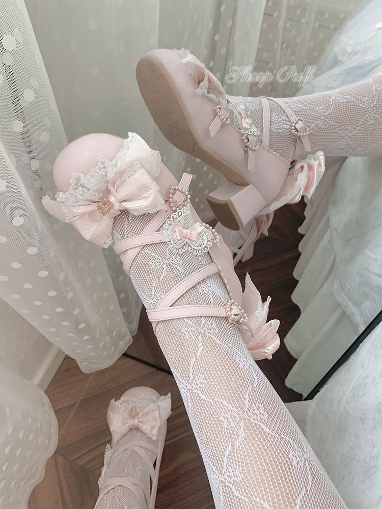 Shoes Details Heels Bowknot Straps Sweet Design Pink Buckle 2CM/5CM Heart Lolita Crisscross Block