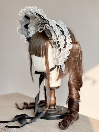Bead Lolita Sweet Bonnet Lace-Trimmed Black with Embellishment Heart-shaped