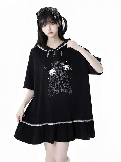 Black Cross Charms Contrast Girl Trim Dress Print Hooded Bittersweet Lace