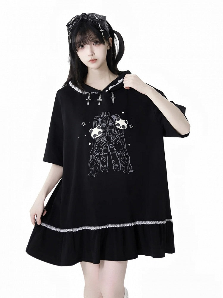 Girl Print Cross Dress Bittersweet Lace Contrast Hooded Trim Black Charms