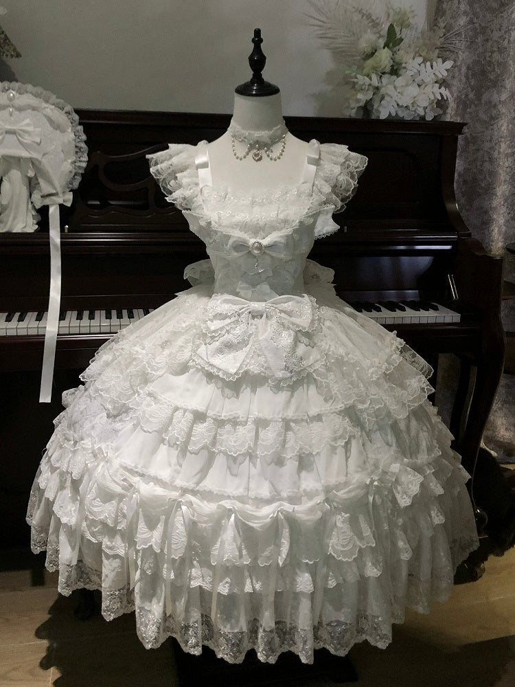 White Hanayome Lolita JSK with Bows & Lace Trim - White Sugar Girl