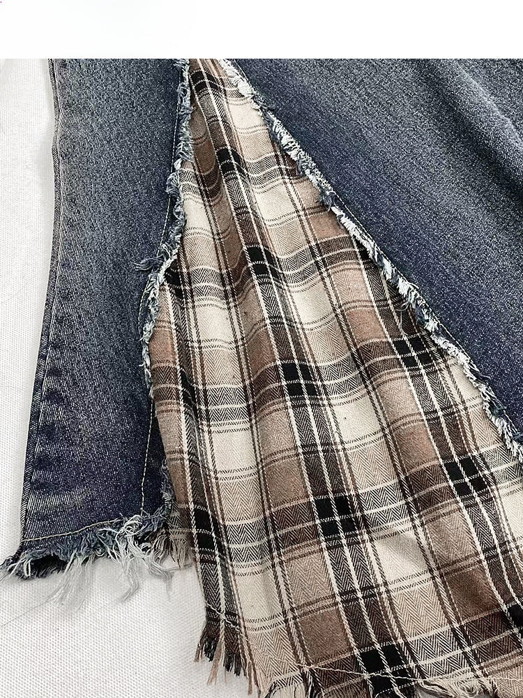 Denim&Plaid Patchwork Asymmetrical Hem Skirt