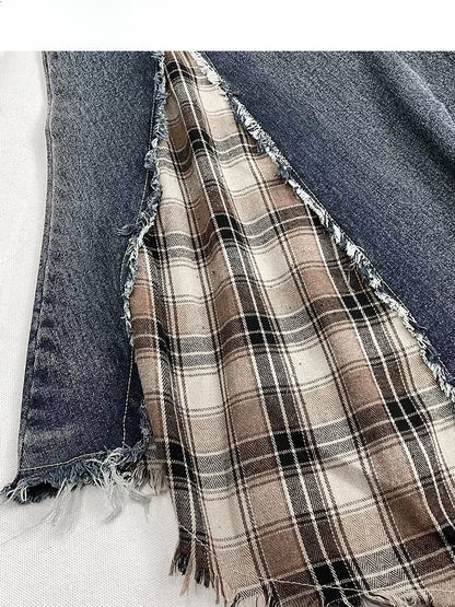 Denim&Plaid Patchwork Asymmetrical Hem Skirt