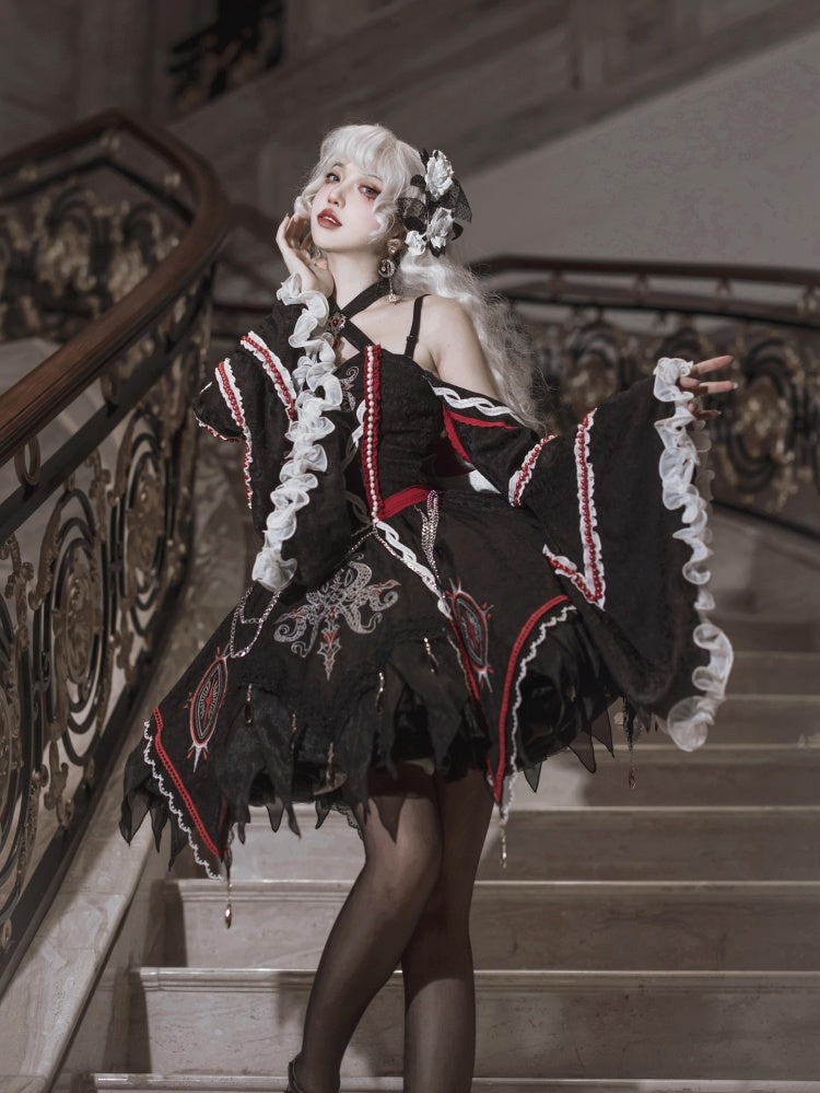 Black and Red Halter Neck Cthulhu Vibes Lolita Dress with Detachable Bell Sleeves