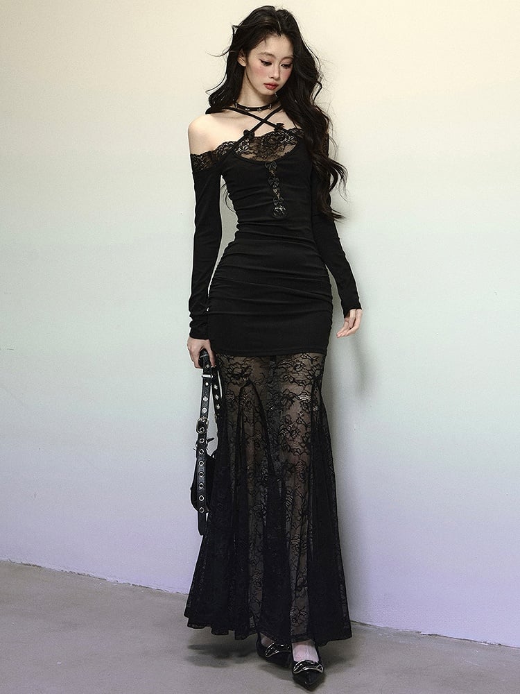 Black Lace Patchwork Mermaid Skirt Cross-strap Halter Maxi Dress Evening Gown
