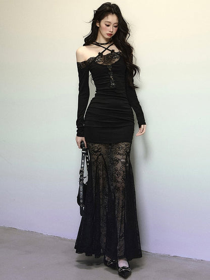 Black Lace Patchwork Mermaid Skirt Cross-strap Halter Maxi Dress Evening Gown