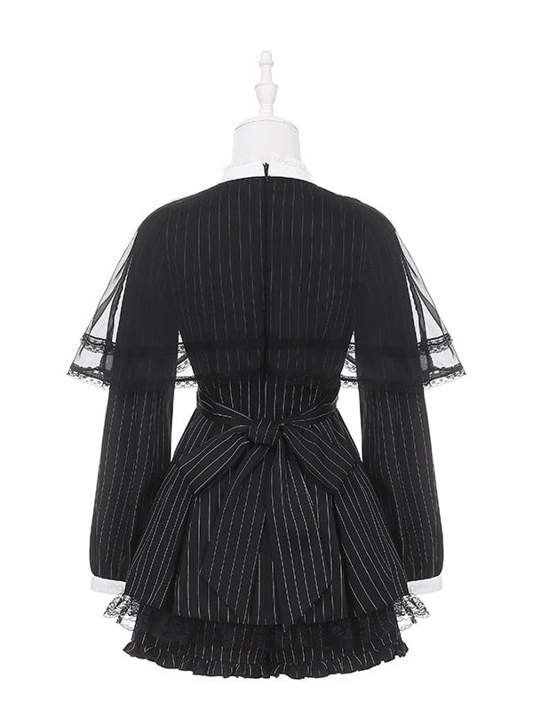 Black Jirai Kei Striped Long-Sleeve Dress with Lace Mesh Cape, Bow Tie & Shorts Set - Puppet Bombs