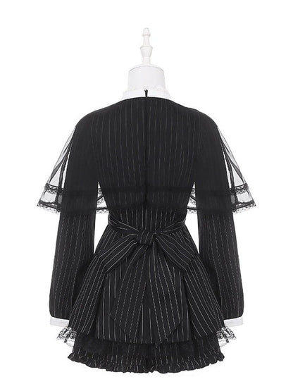 Black Jirai Kei Striped Long-Sleeve Dress with Lace Mesh Cape, Bow Tie & Shorts Set - Puppet Bombs