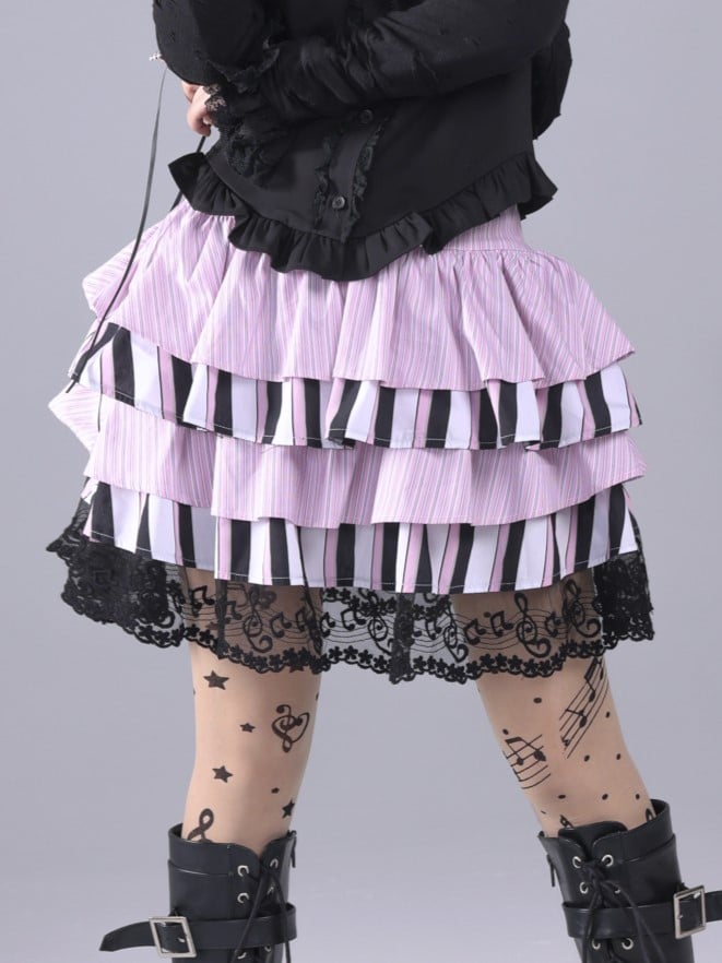 Hime Gyaru Tiered Pink & Black Striped Skirt with Musical Note Embroidered Lace Hem