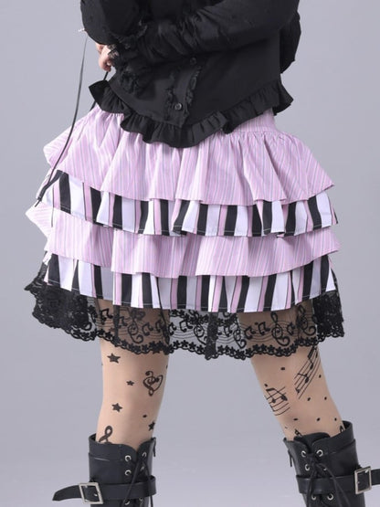 Hime Gyaru Tiered Pink & Black Striped Skirt with Musical Note Embroidered Lace Hem