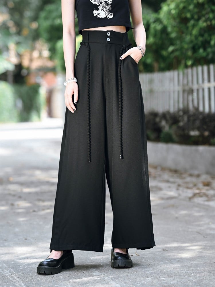Black Version Wide-Leg Regular/Short Panel Pants Side with Cheongsam Cord Waist Pleated