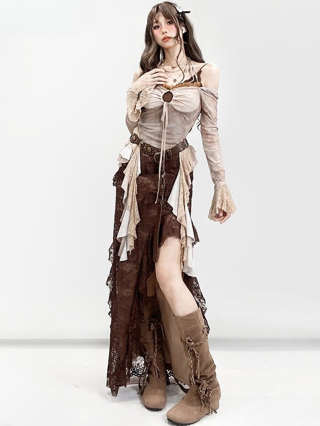 Lace Millard Fashion Asymmetrical Design Glamorous Hem Thigh-high High-low Skirt Brown Trim Slit