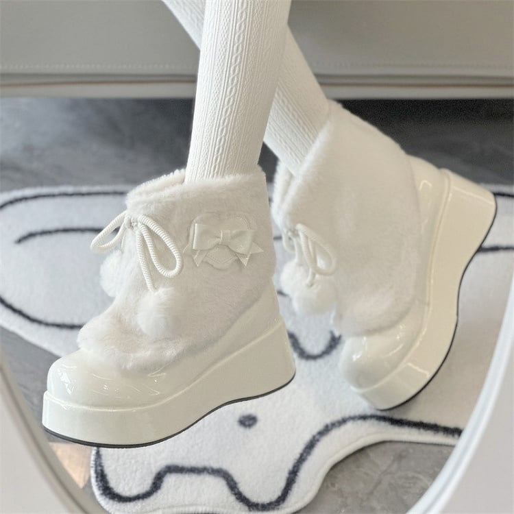 Lolita Bows Sweet Slip-On Ankle Round-Toe White Boots with Decor Pompon Accents