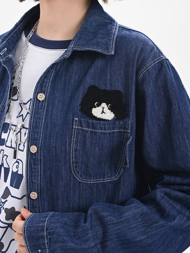 Kitty Dark Blue Faded Wash Denim Shirt Cute Embroidery