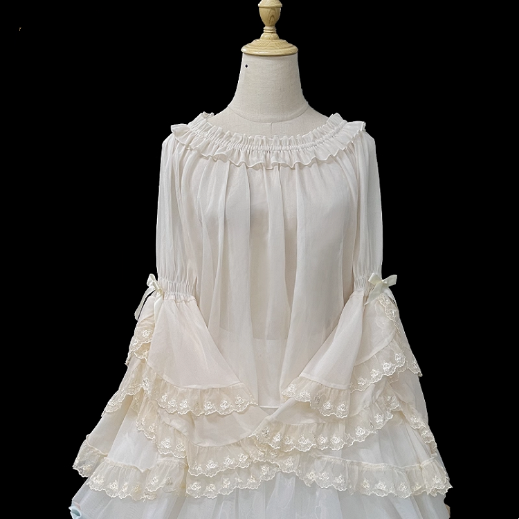 ネックライン アプリコット 伸縮性のあるレイヤード レース カフス ベルスリーブ ブラウス