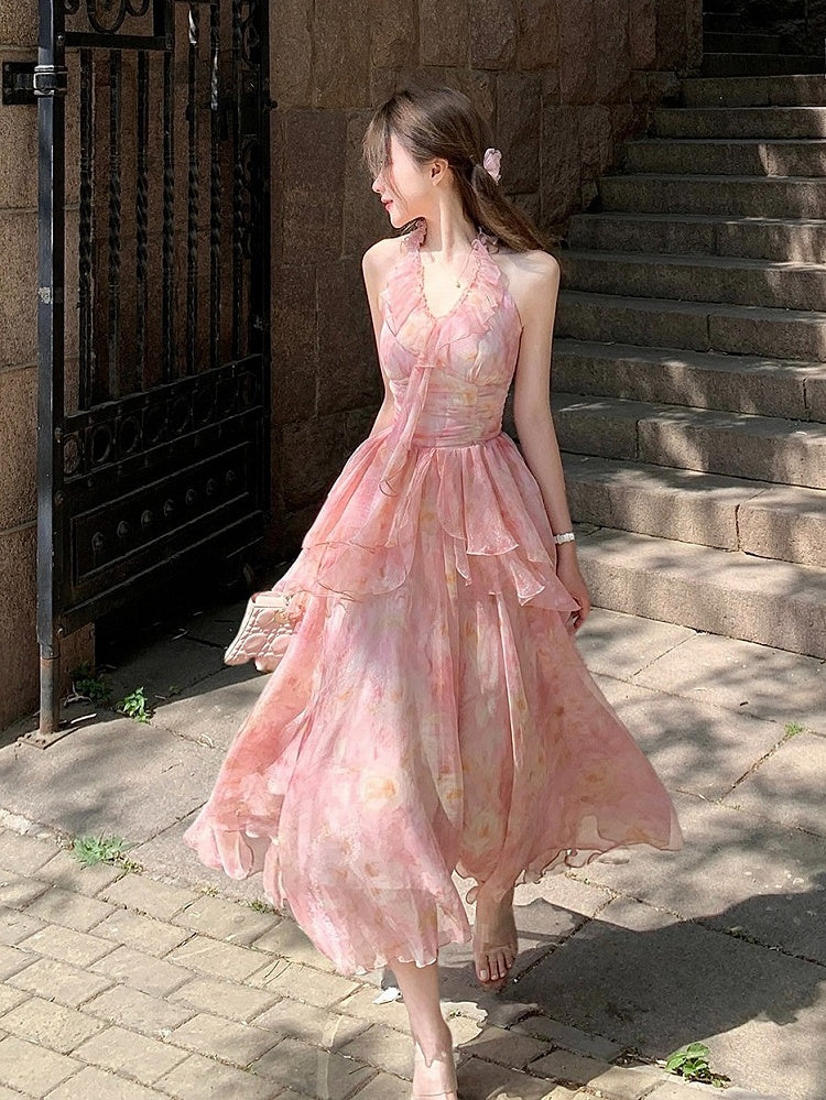 Pink Oil Painting Print Ruffle Trim Summer Holiday Dress - Qchiwawameme