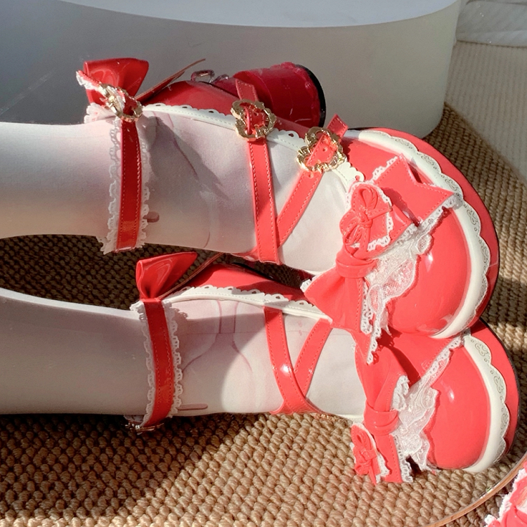 Lace-edged Platforms Transparent Ball-shaped Rose Heels Bow Pink PU - Lolita