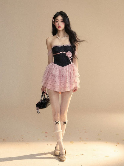 Dress Tiered Polka-Dot Mesh Skirt Floral Black  Pink Mini Accent Pattern