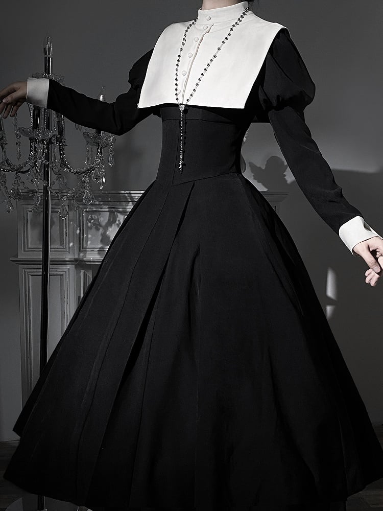 Lolita Nun Waist and Juliette Slim Maxi Sleeves Black Dress White