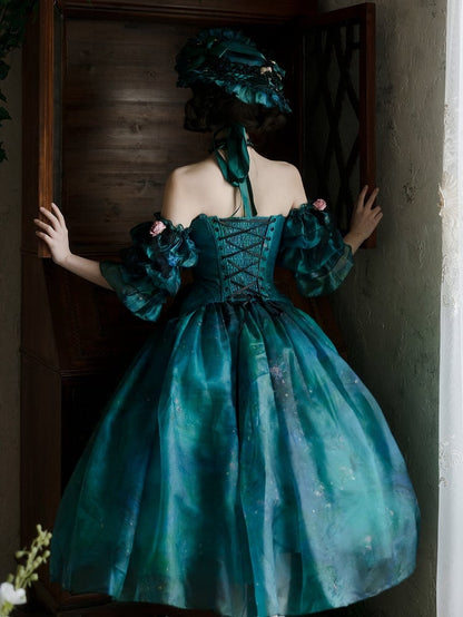 Green Vintage Oil Painting Vibes Boned Corset Top with Deatchable Straps