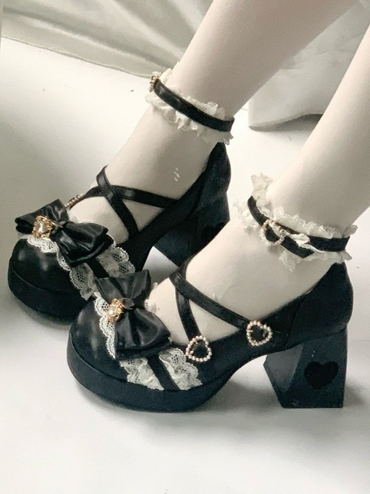 4 Colors 2cm Platform Pendant Detail Lolita Mary Jane Shoes with Bow and Lace Trim - Unmissable Berry