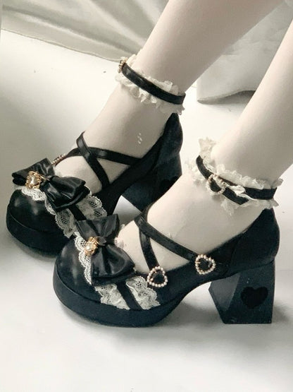 4 Colors 2cm Platform Pendant Detail Lolita Mary Jane Shoes with Bow and Lace Trim - Unmissable Berry